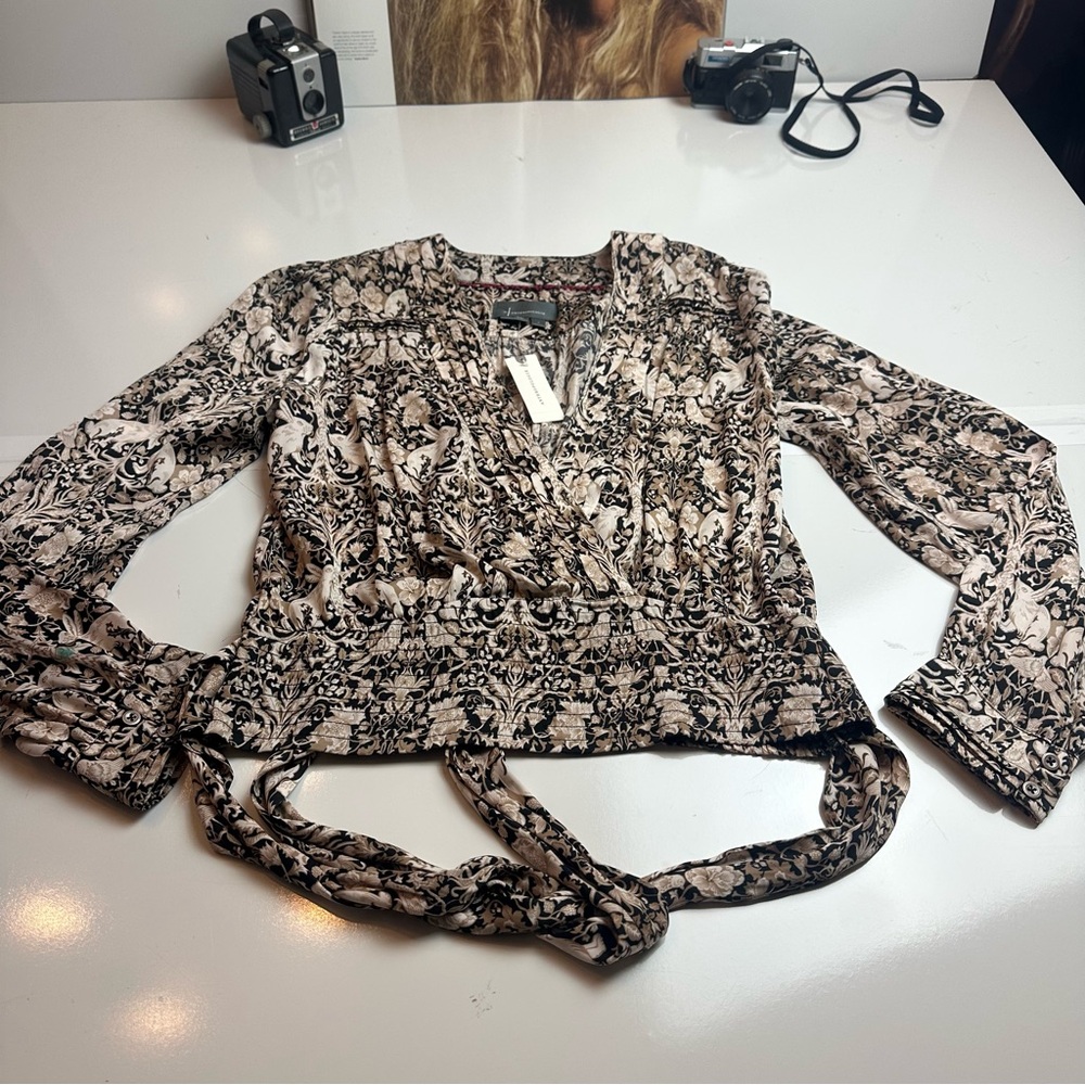 Anthropologie Black and Cream Patterned Blouse NWT